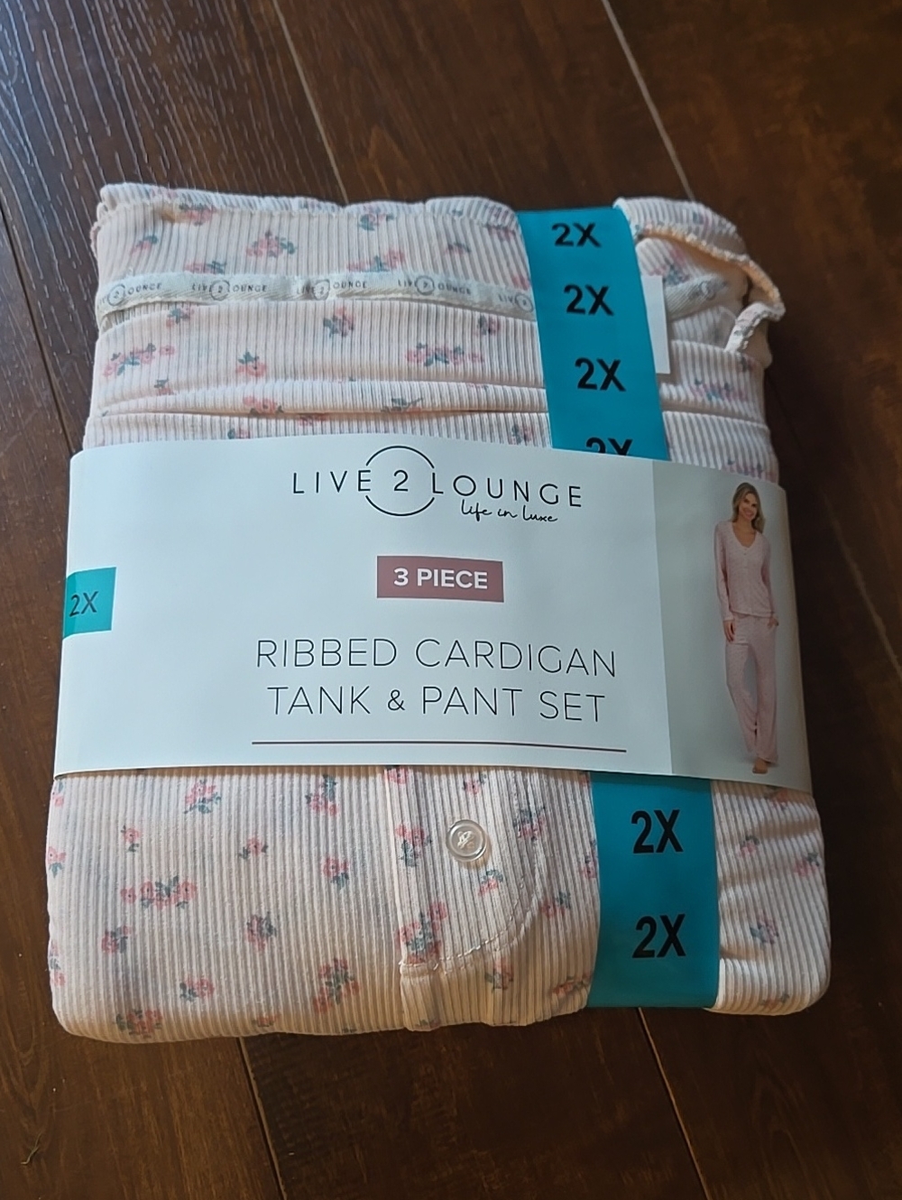 Live 2 Lounge Ribbed Cardigan Tank & Pant Pajama Set - 3 Piece Set Size 2X